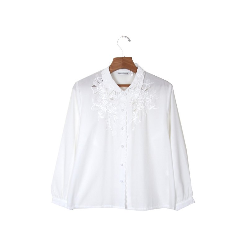 【蛋植物古着】花国庆典刺绣纯白古着衬衫 - 女装衬衫 - 聚酯纤维 白色