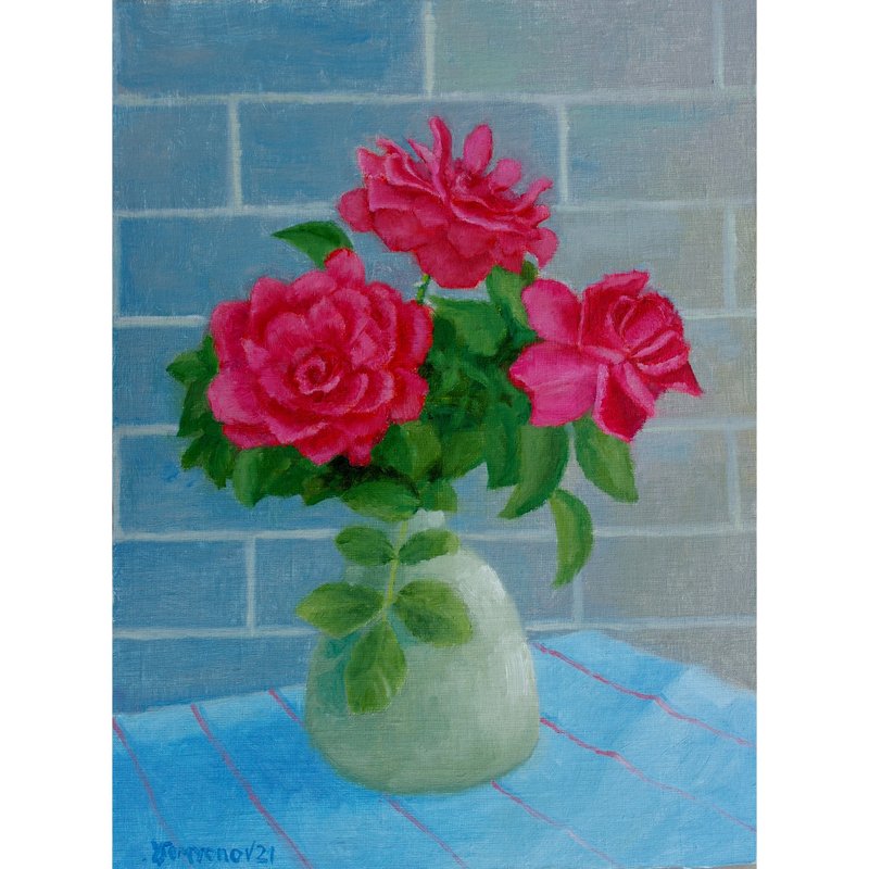 Red Garden Roses Flowers Original Art Oil Painting Wall Decor Beautiful Roses - 海报/装饰画/版画 - 其他材质 多色