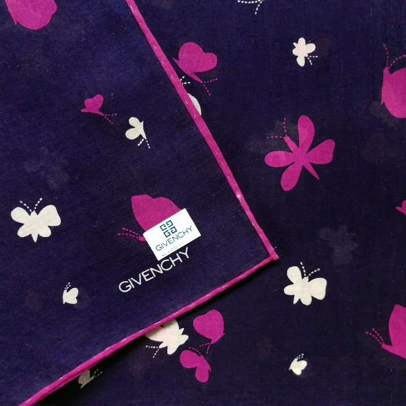 Givenchy Vintage Handkerchief Butterfly Purple 18 x 18 inches - 手帕/方巾 - 棉．麻 黑色