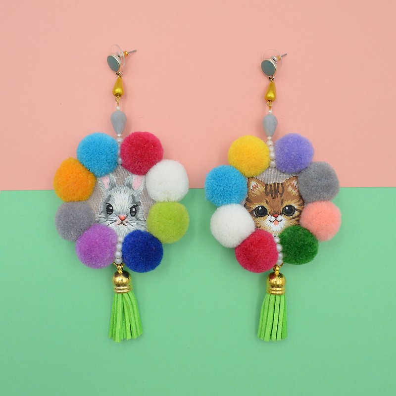 TIMBEE LO 猫咪 兔子 刺绣毛球丝带流苏耳环 - 耳环/耳夹 - 其他材质 多色