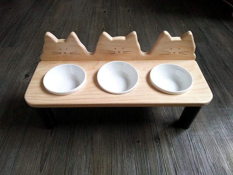 毛小孩餐桌系列--[喵喵喵三重奏]   (原木X手作X3只瓷碗) - 碗/碗架 - 木头 咖啡色