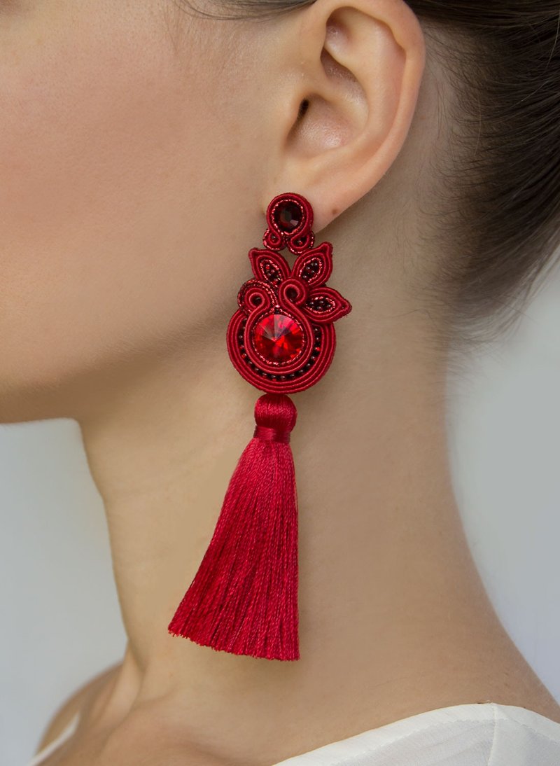 Earrings Bright Long Floral tassel earrings in red color Christmas Gift Wrapping - 耳环/耳夹 - 其他材质 红色