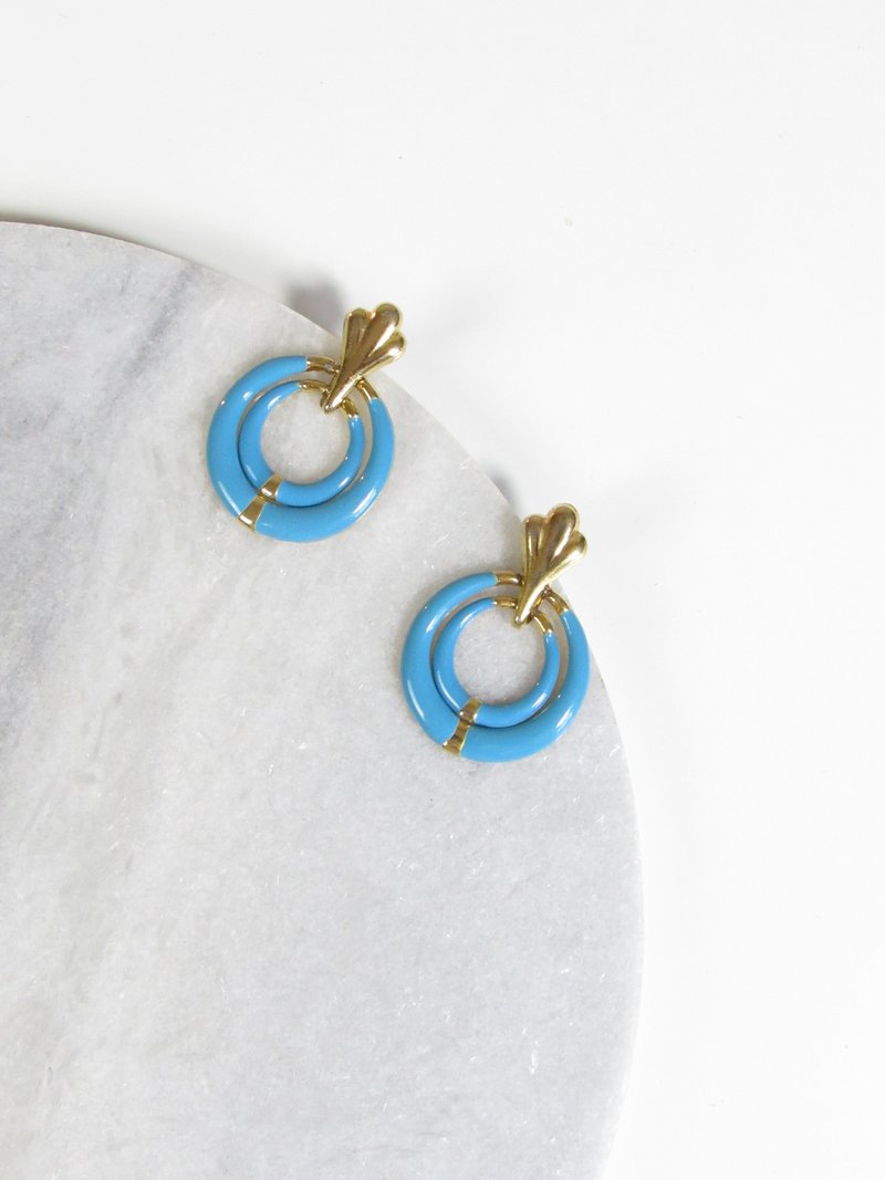 Vintage Door knocker Blue Enamel Statement Earrings - 耳环/耳夹 - 贵金属 金色