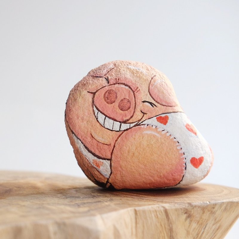 Pig stone painting.handmade gift. - 玩偶/公仔 - 石头 粉红色