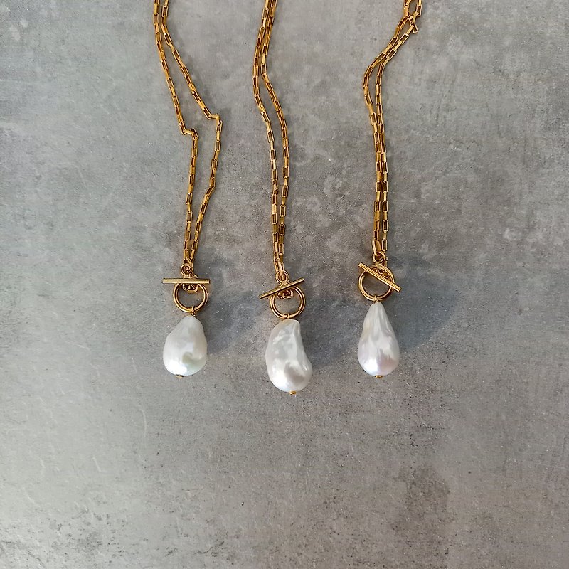 14kgf*Baroque Pearls square chains necklace - 锁骨链 - 宝石 金色