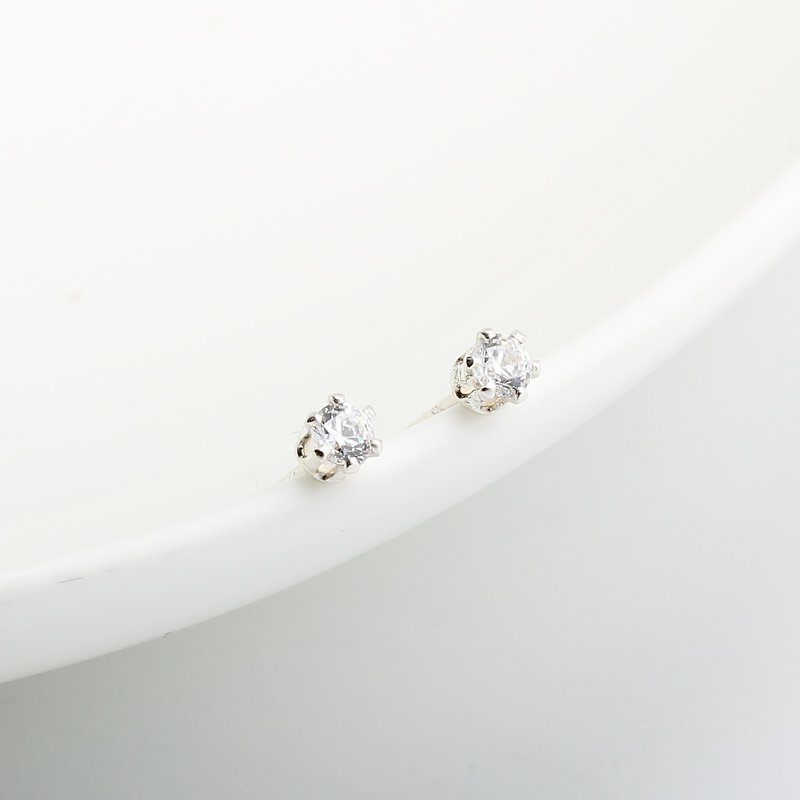 迷你 六爪 皇冠 3mm 瑞士单钻 钻石 s925 纯银 耳环 耳夹 礼物 - 耳环/耳夹 - 钻石 透明