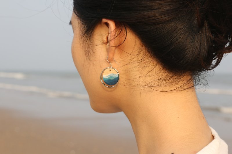 蓝色海洋圆形陶瓷耳环耳夹纯银 - 耳环/耳夹 - 陶 蓝色