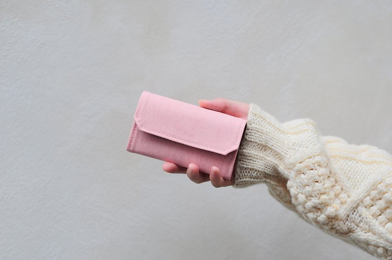 桃子牛奶 粉红色帆布 可水洗纸 零钱包/卡夹 环保轻量短银包 - 零钱包 - 棉．麻 粉红色