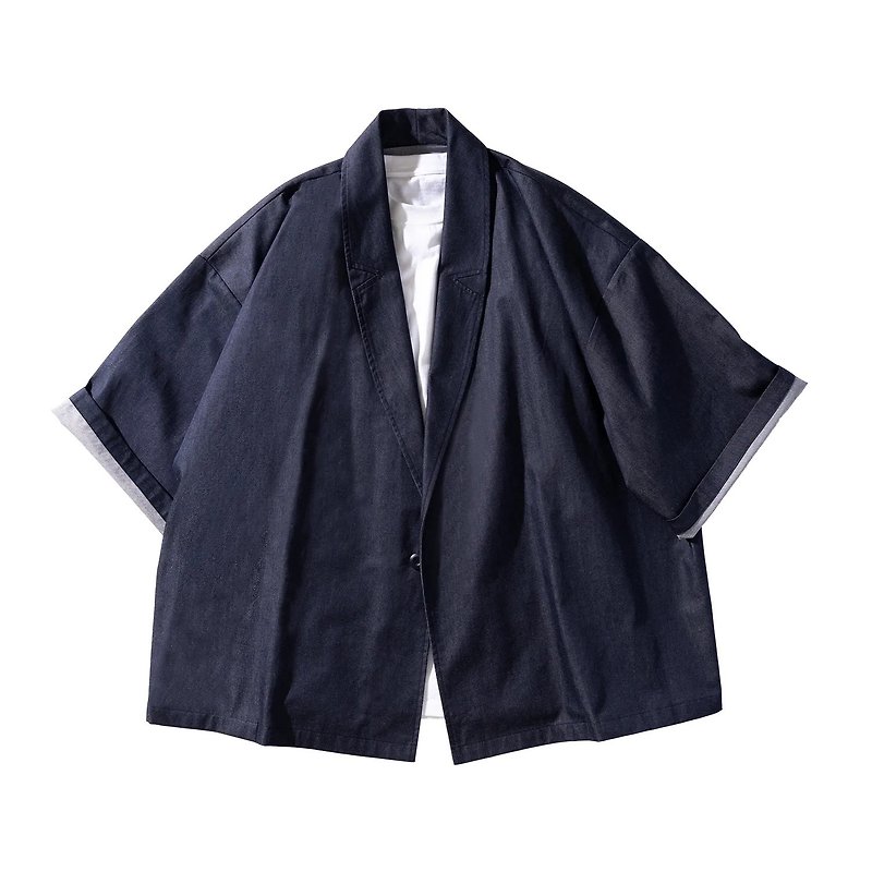 【神海纹 浓蓝羽织】原创手作日系夏季青果领羽织外套西装改良 - 男装外套 - 棉．麻 