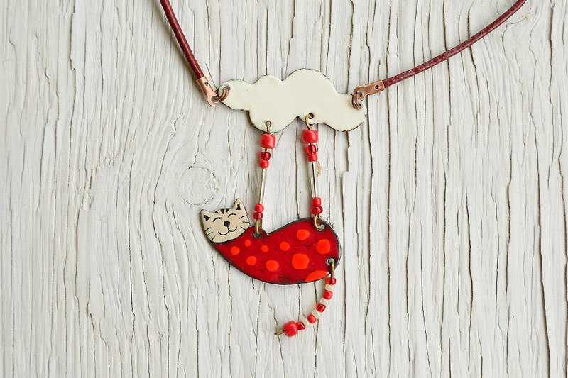 Cat necklace, Enamel necklace, Spotty cat, Polka dot, Cat jewelry, Cat And Cloud - 项链 - 珐琅 红色