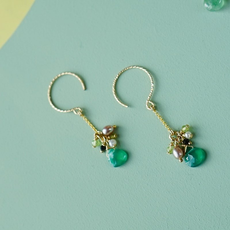 绿玉髓葡萄石紫水晶淡水珍珠中长耳环 美产14KGF - 耳环/耳夹 - 其他金属 绿色