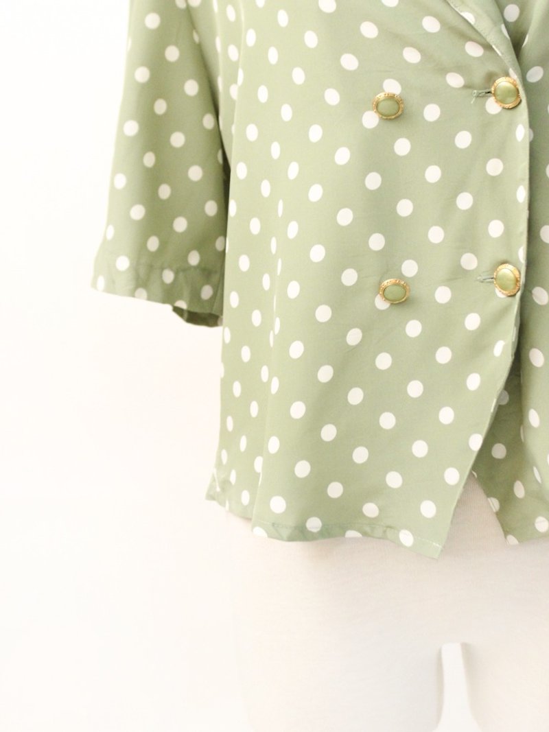 复古日本制可爱甜美粉绿色圆点点短袖古着衬衫罩衫外套  - 女装衬衫 - 聚酯纤维 绿色