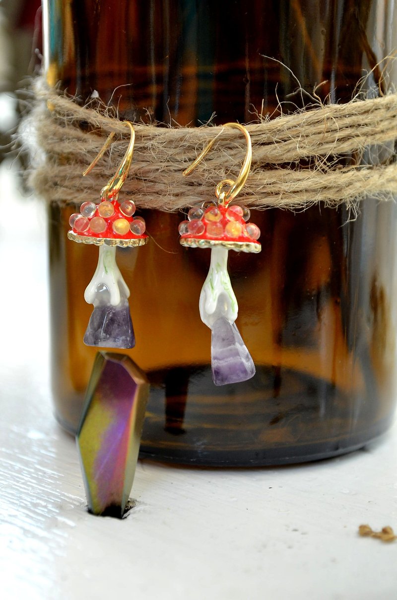 鲜红色 Gookaso 蘑菇紫水晶魔法石耳环  粉晶 紫晶 绿松石 - 耳环/耳夹 - 其他金属 红色