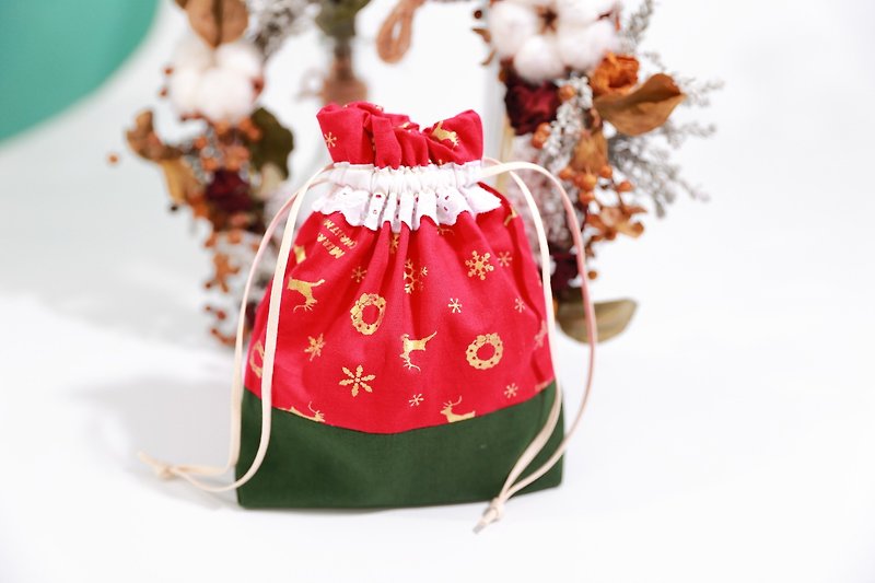 Pu．sozo日系手作 X'mas礼物袋(红)  圣诞节限定版/束口袋/收纳袋/圣诞礼物/交换礼物 - 化妆包/杂物包 - 棉．麻 绿色