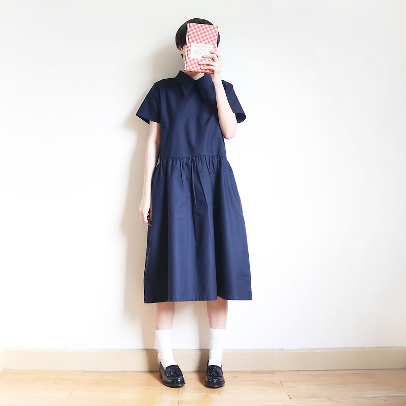 oxford big collar dress : navy - 洋装/连衣裙 - 棉．麻 蓝色
