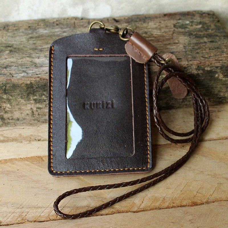 ID case / Key card case / Card case / Card holder - ID 2 -- Dark Brown + Dark Brown Lanyard (Genuine Cow Leather) - 证件套/卡套 - 真皮 