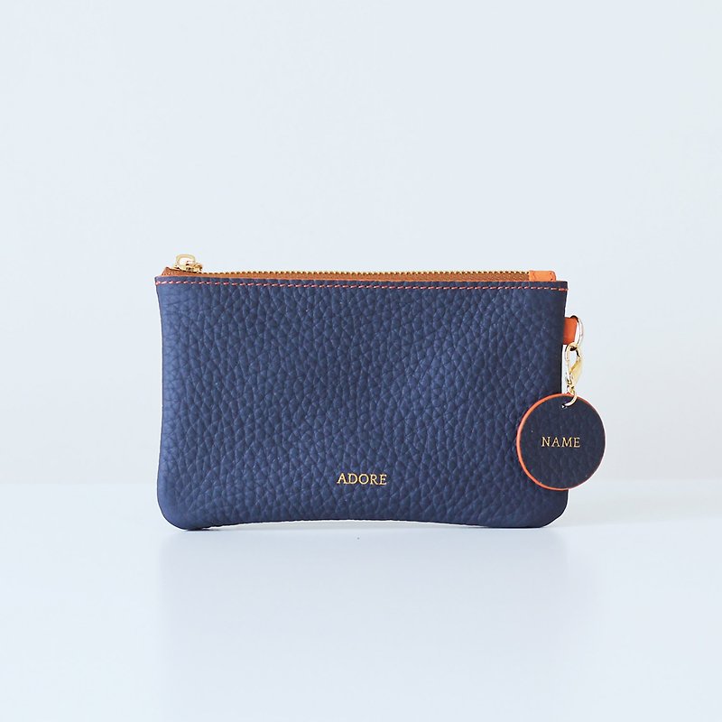 Handmade leather Coin Purse with Personalized Name Stamp - NAVY BLUE - 零钱包 - 真皮 蓝色