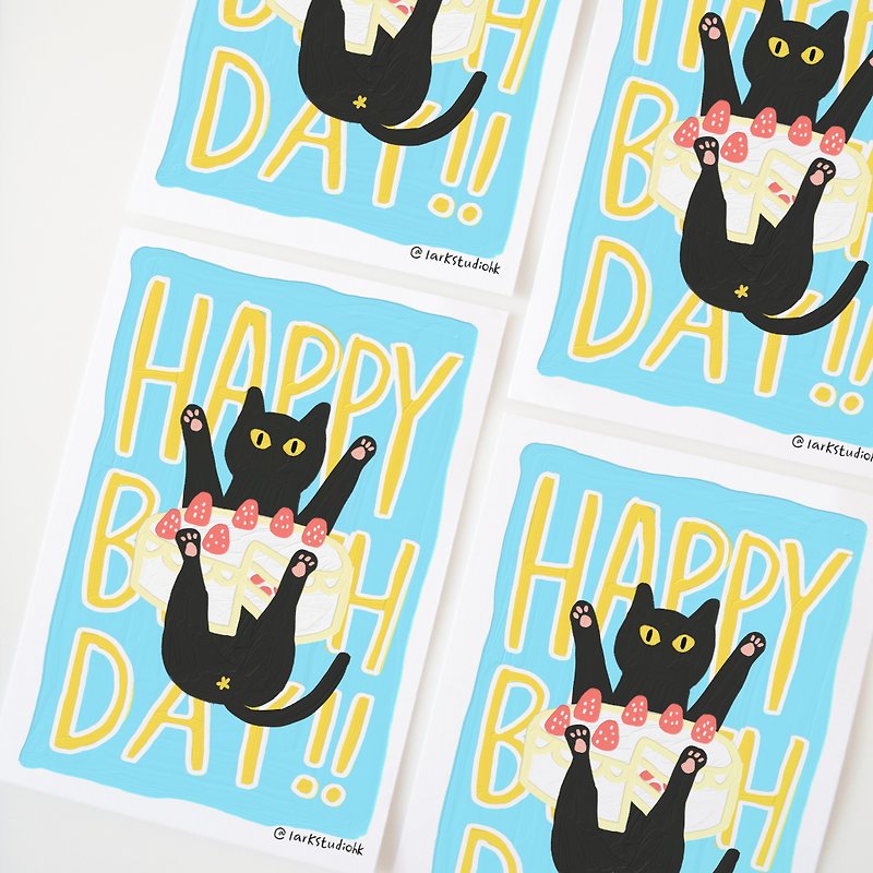 涂鸦黑猫六月生日贺卡 - 卡片/明信片 - 纸 蓝色