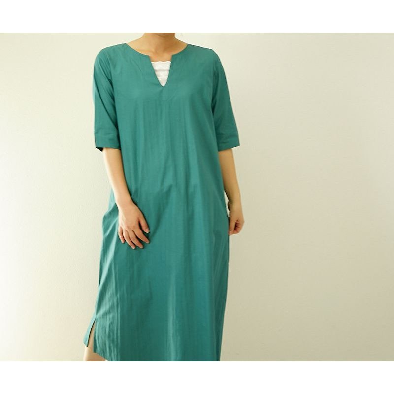【wafu】　Washer cloth　Cotton dress　/　Forest Green　a46-3 - 洋装/连衣裙 - 棉．麻 绿色