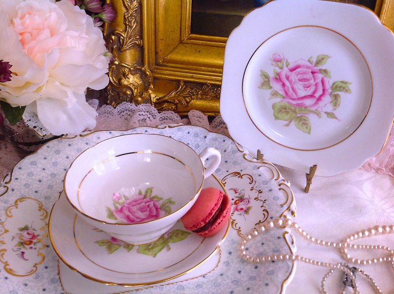 ♥安妮疯古物♥英国制骨瓷手绘粉红玫瑰花茶杯,咖啡杯 点心盘三件组～浪漫 生日礼物 下午茶 ~ - 茶具/茶杯 - 瓷 