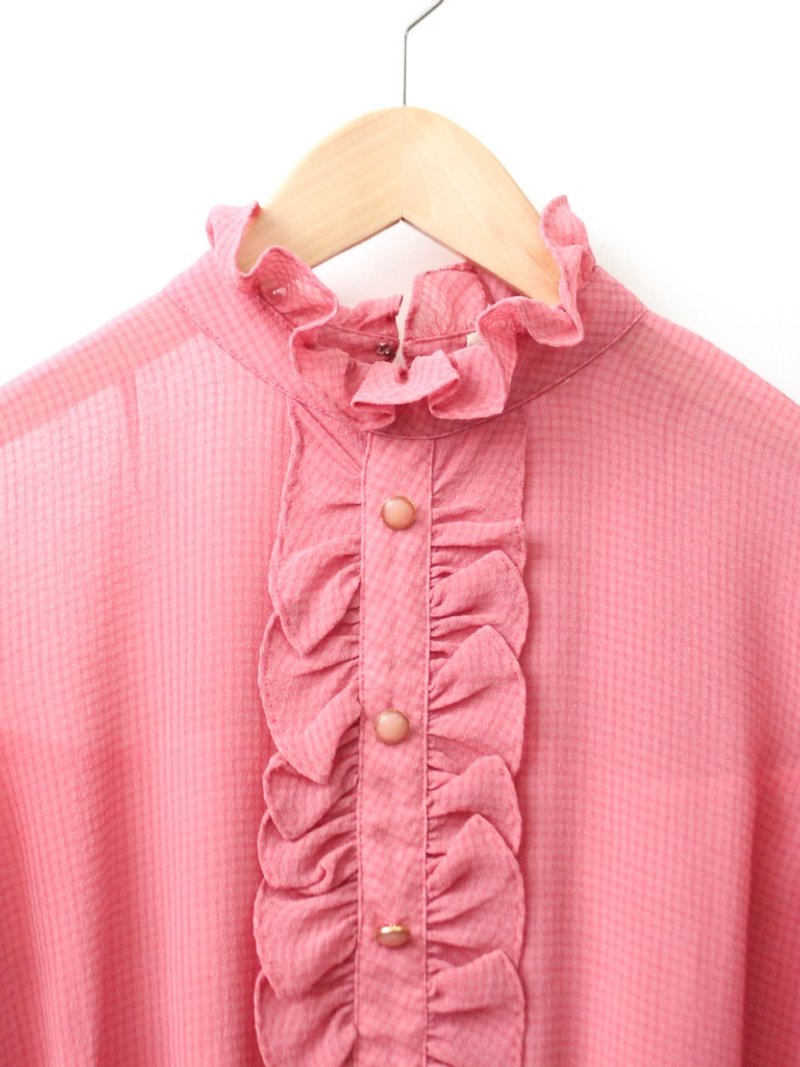 Vintage Dress 复古淘气粉红色格纹长袖古着洋装-特 - 洋装/连衣裙 - 聚酯纤维 粉红色