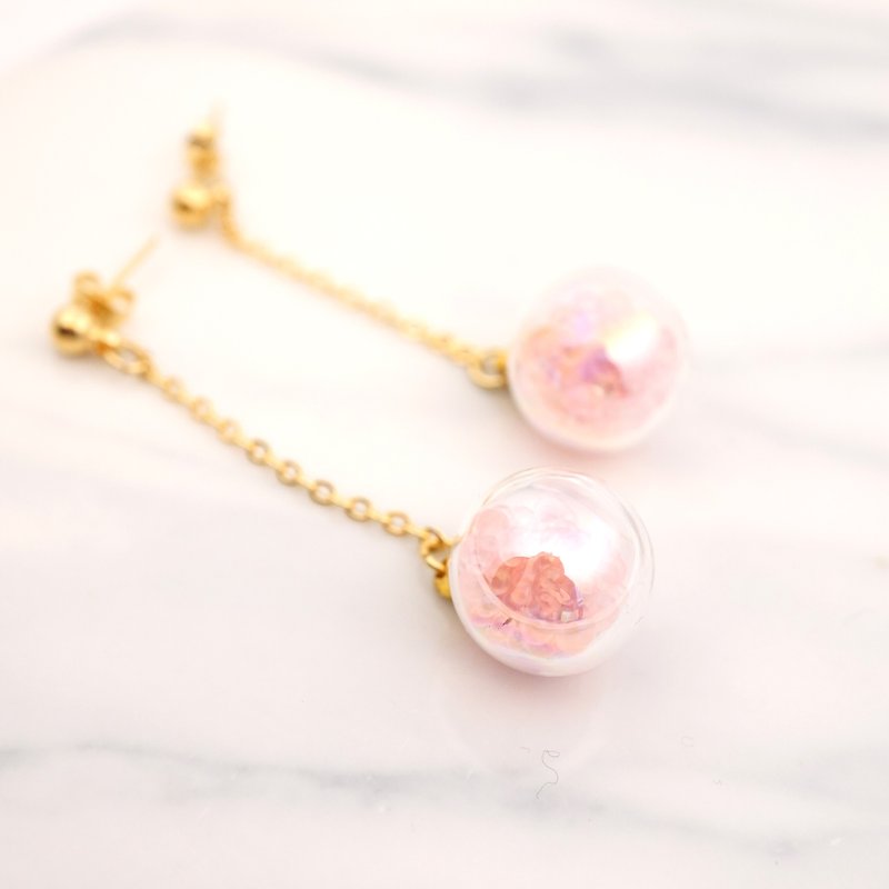 A Handmade 粉红色肥皂泡玻璃球垂吊耳环/耳夹 - 耳环/耳夹 - 玻璃 粉红色