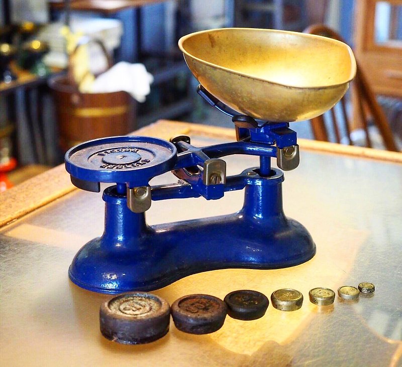 英国制 1950年代 The Viking 蓝色铸铁平衡磅秤（含图中珐码） - 厨房用具 - 其他金属 