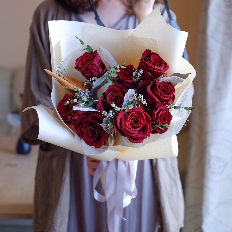 情人节・9支红玫瑰花束 - 干燥花/捧花 - 植物．花 红色