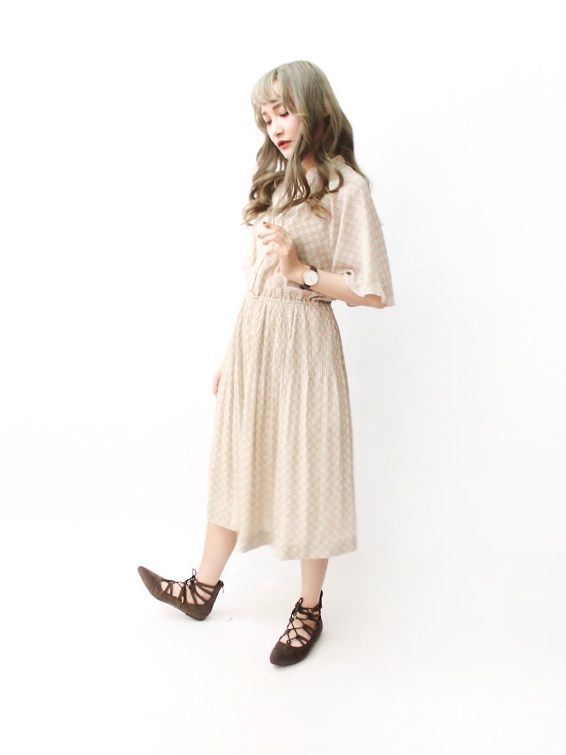 【RE0614D1257】初夏日本制复古可爱印花卡其色短袖古着洋装 - 洋装/连衣裙 - 聚酯纤维 卡其色