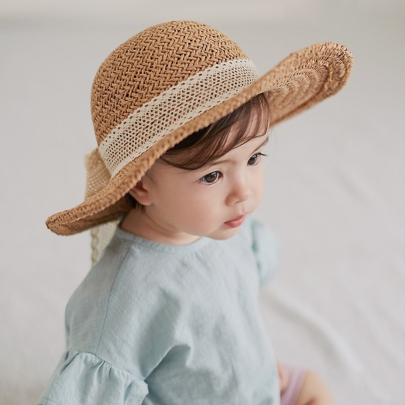 Happy Prince Torchon蕾丝缎带女婴童遮阳草帽 - 婴儿帽/发带 - 纸 咖啡色