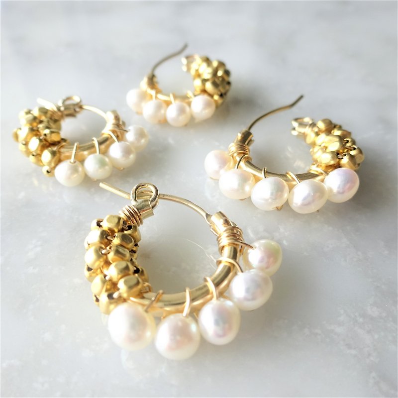 14Kgf* Freshwater pearl gold bi-color wraped earring/pierce