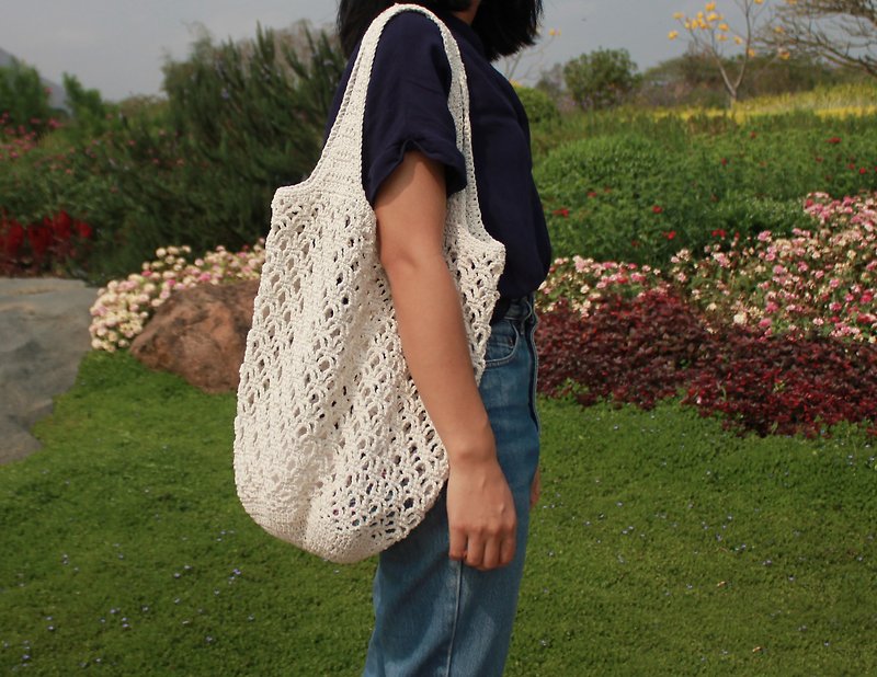 Tote bag ,Market bag ,White Crochet bag ,Shopping bag - 侧背包/斜挎包 - 棉．麻 白色