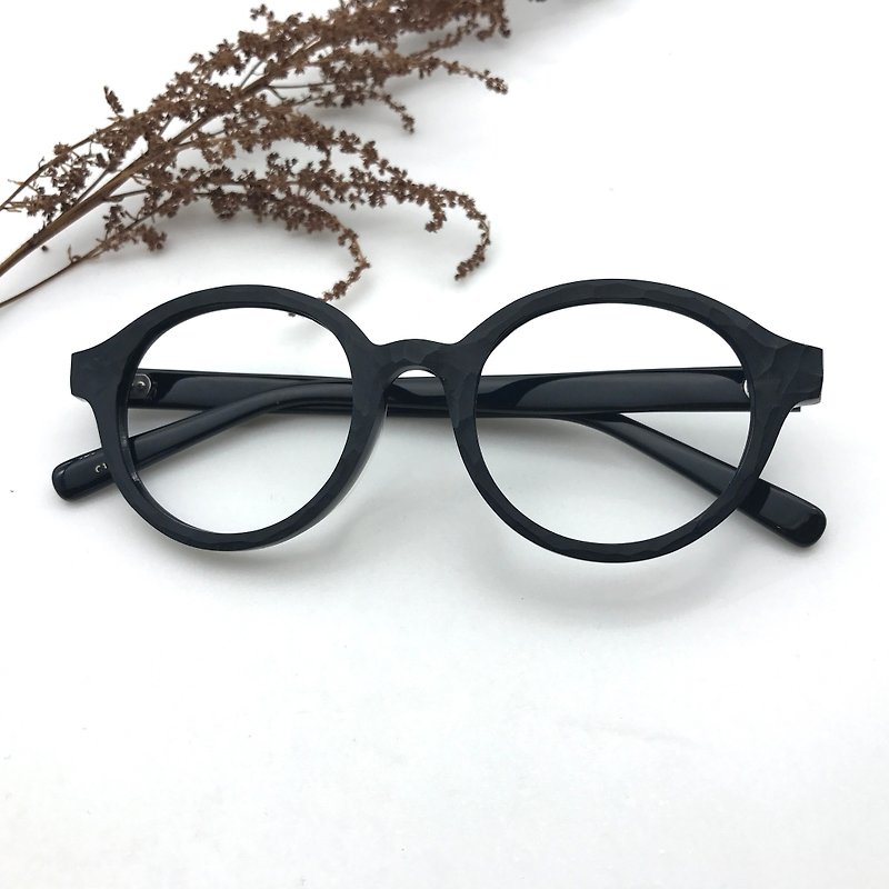 黑色复古圆框眼镜日本手工切削 - 眼镜/眼镜框 - 塑料 黑色