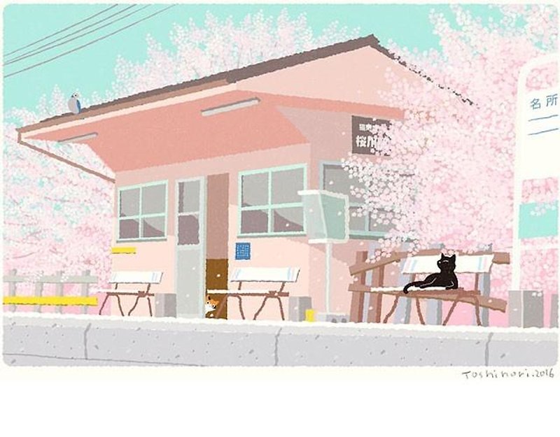 A3イラストシート  駅でお花見 - 海报/装饰画/版画 - 纸 粉红色
