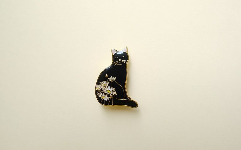 Summer Daisy Cat Enamel Pin, Badge, Brooch, Pin, Accessories - 胸针 - 珐琅 黑色