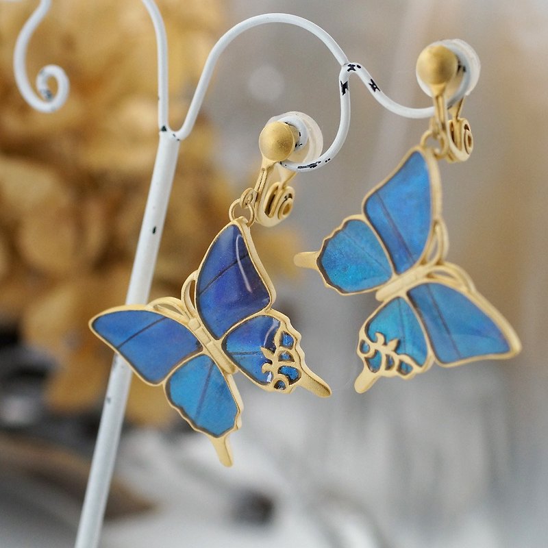 モルフォ蝶の大きなアンティークイヤリング - 耳环/耳夹 - 其他金属 蓝色