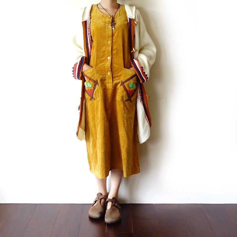 BajuTua /古着/土黄色拼布绒面背心裙 - 洋装/连衣裙 - 棉．麻 橘色