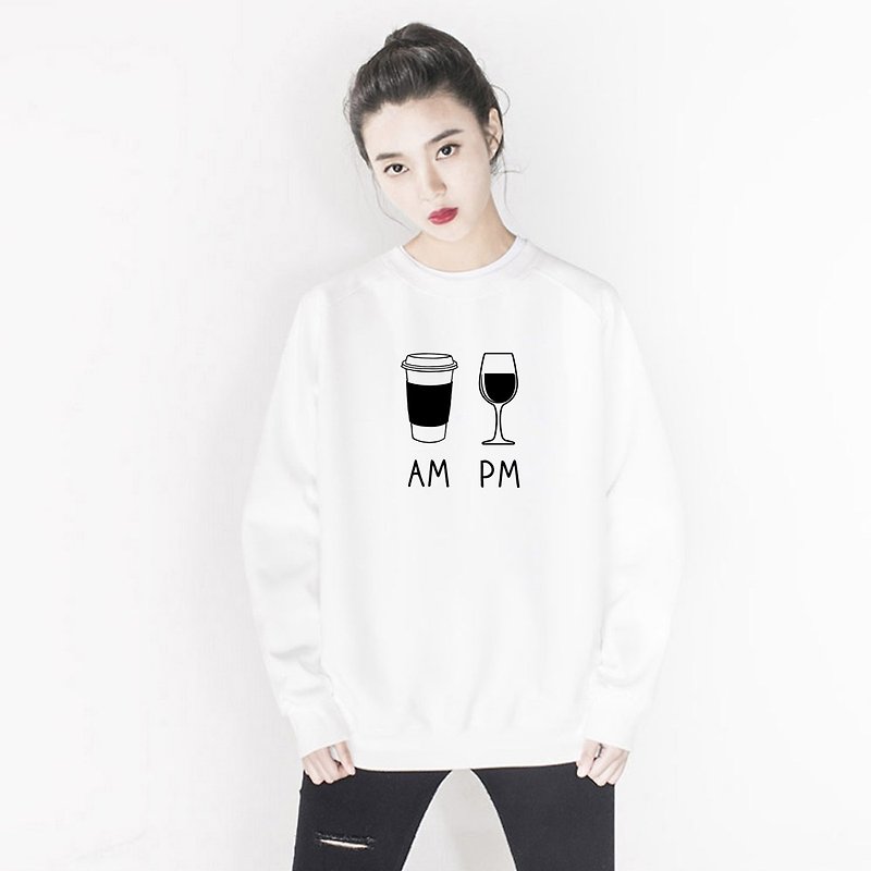 COFFEE AM WINE PM 男女 大学T 刷毛 中性版 白色 咖啡 酒 礼物 - 女装上衣 - 棉．麻 白色