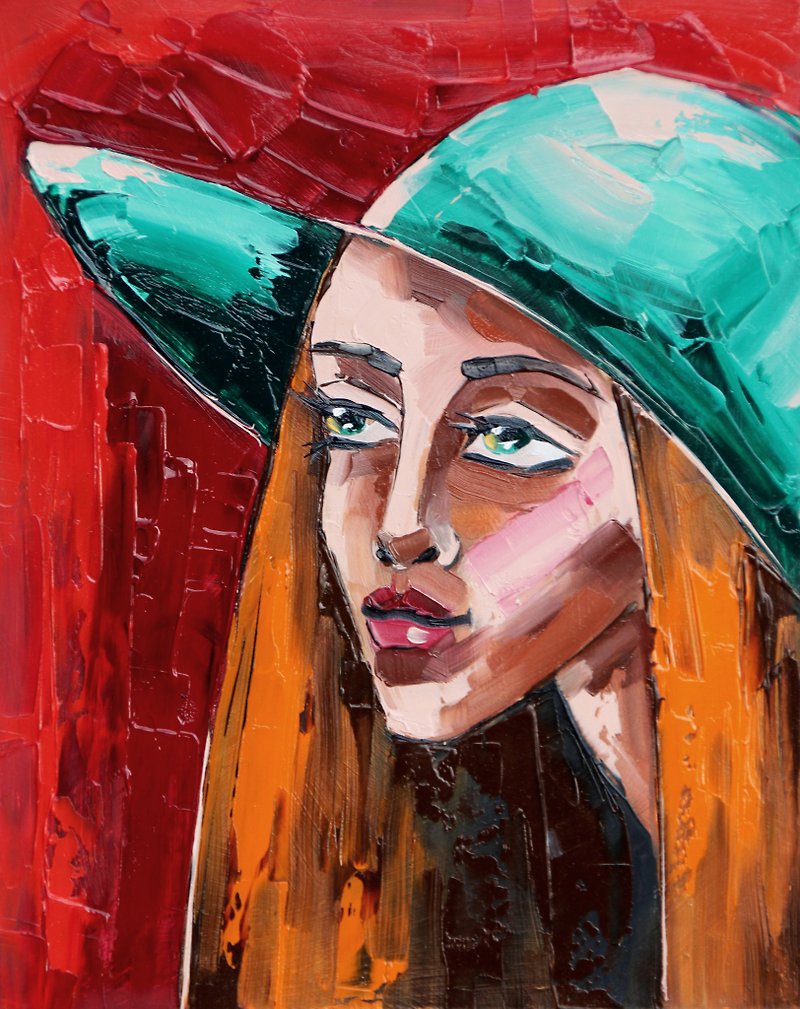 Woman Hat Painting Girl Face Original Art Impasto Artwork Smal Oil Wall Art - 海报/装饰画/版画 - 其他材质 红色