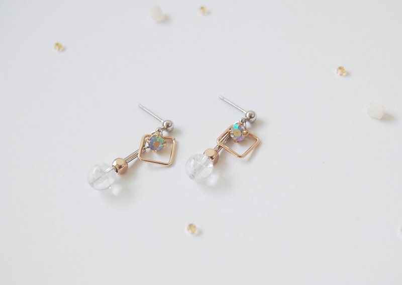 爆花白水晶  天然石水晶拼配耳针耳环 - 耳环/耳夹 - 宝石 透明