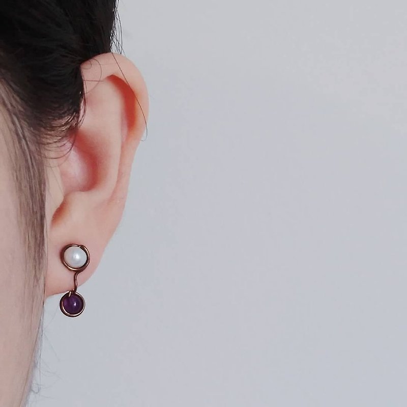 【小确幸】珍珠 紫水晶 无痛耳夹 - 耳环/耳夹 - 宝石 