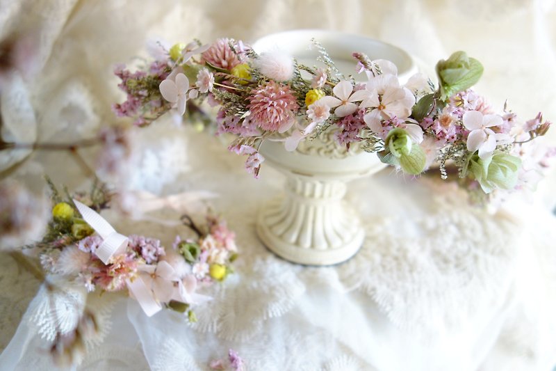 婚礼花饰系列~轻甜花环手腕花组 - 发饰 - 植物．花 粉红色