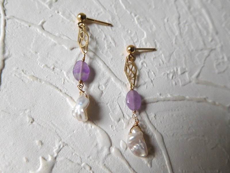 包14k金篓空紫色宝石珍珠耳环 - 耳环/耳夹 - 宝石 紫色