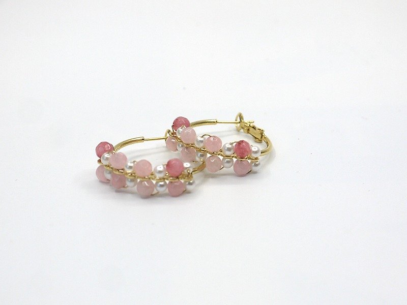 樱花 彩色粉红玉髓珍珠圆形耳环 耳夹 - 耳环/耳夹 - 宝石 