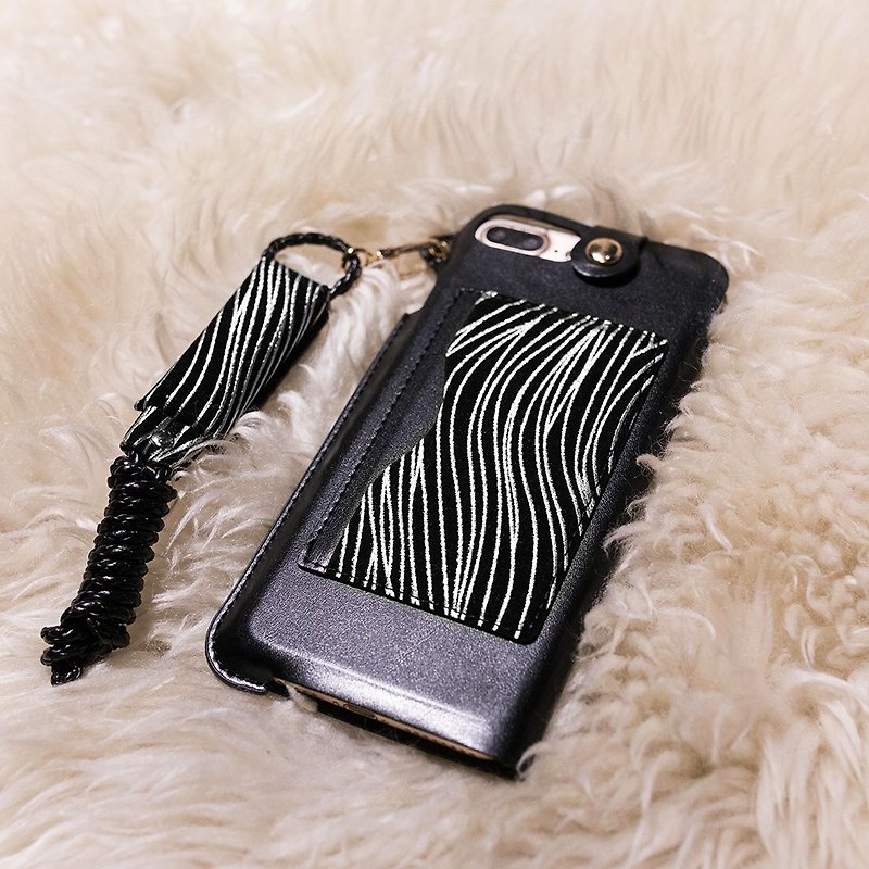 iPhone SE(二代) & 8 / 7 (4.7寸) 挂绳式卡夹站立皮套 漆黑银 - 手机壳/手机套 - 人造皮革 黑色