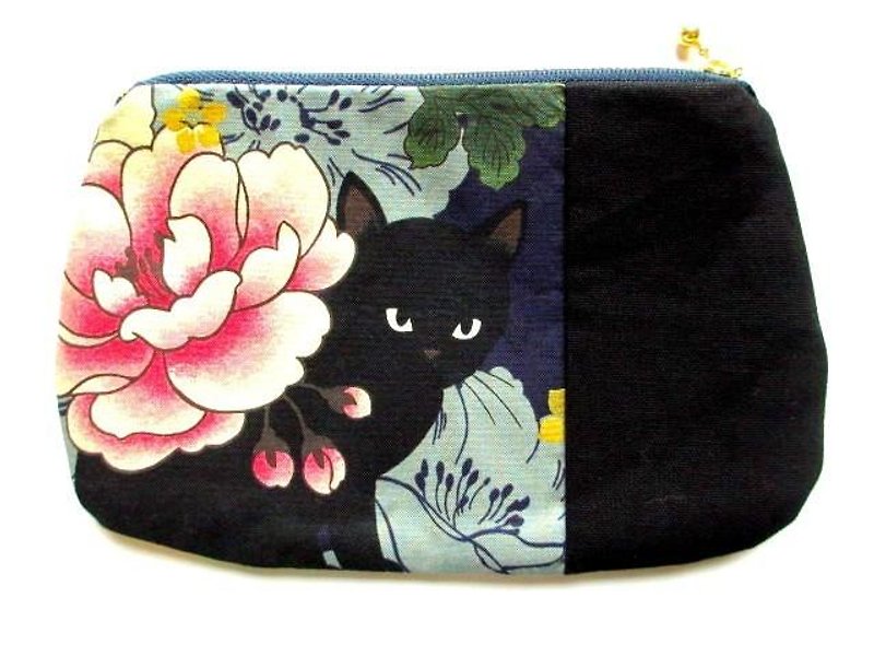 黒猫の和柄平ポーチ＊ブルーD - 化妆包/杂物包 - 棉．麻 蓝色