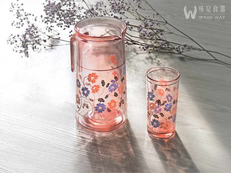 早期壶杯组－春天吹拂的花园 (餐具/旧货/老物/玻璃/图案/花样) - 茶具/茶杯 - 玻璃 粉红色
