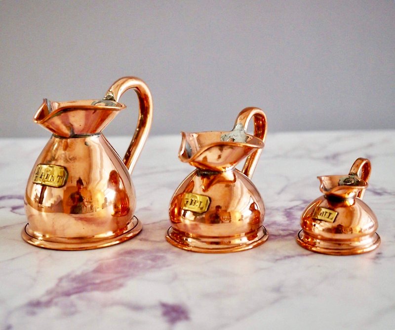 英国古董迷你红铜量杯三件组 - 厨房用具 - 铜/黄铜 