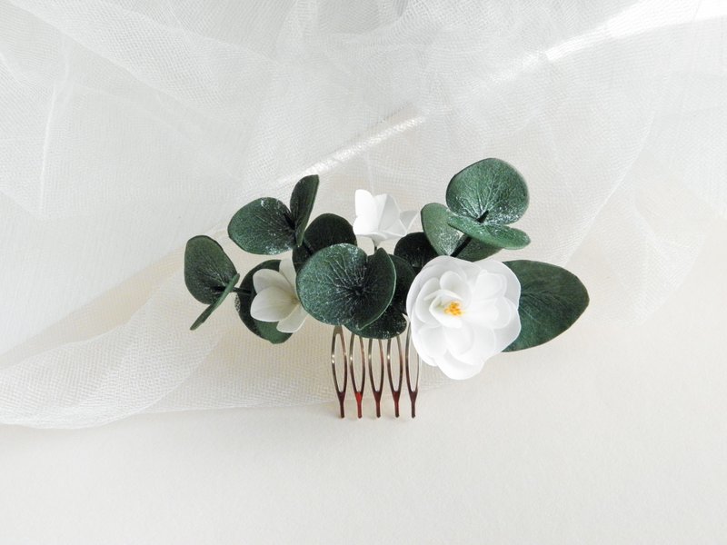 Eucalyptus hair comb Flower hair comb bride Bridal hair piece floral - 发饰 - 其他材质 绿色