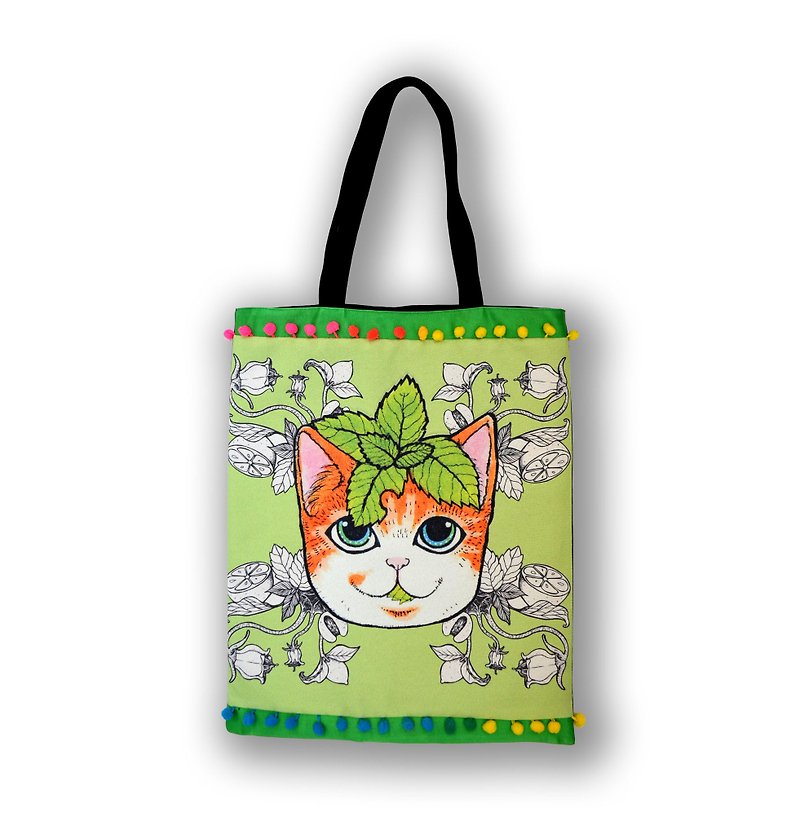 GOOKASO 粉薄荷绿色 薄荷猫咪 双面购物袋 TOTE BAG - 手提包/手提袋 - 棉．麻 绿色